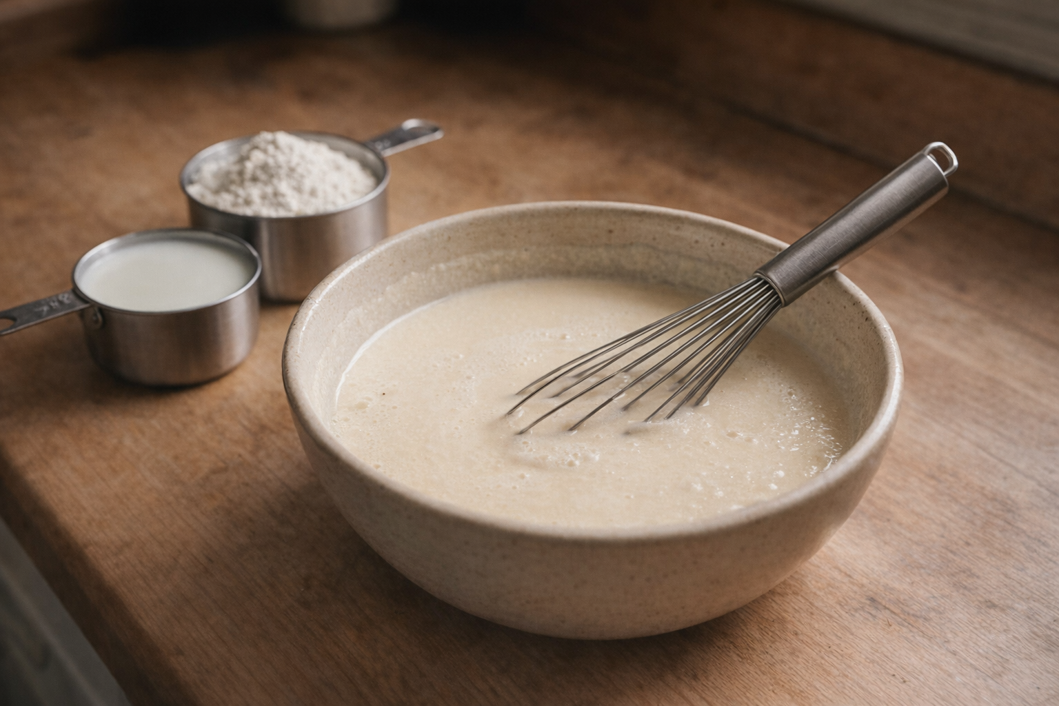 Close-up shot of a bowl of crepe batter, whisk resting on the side, with measuring cups of flour and milk in the background, soft natural lighting